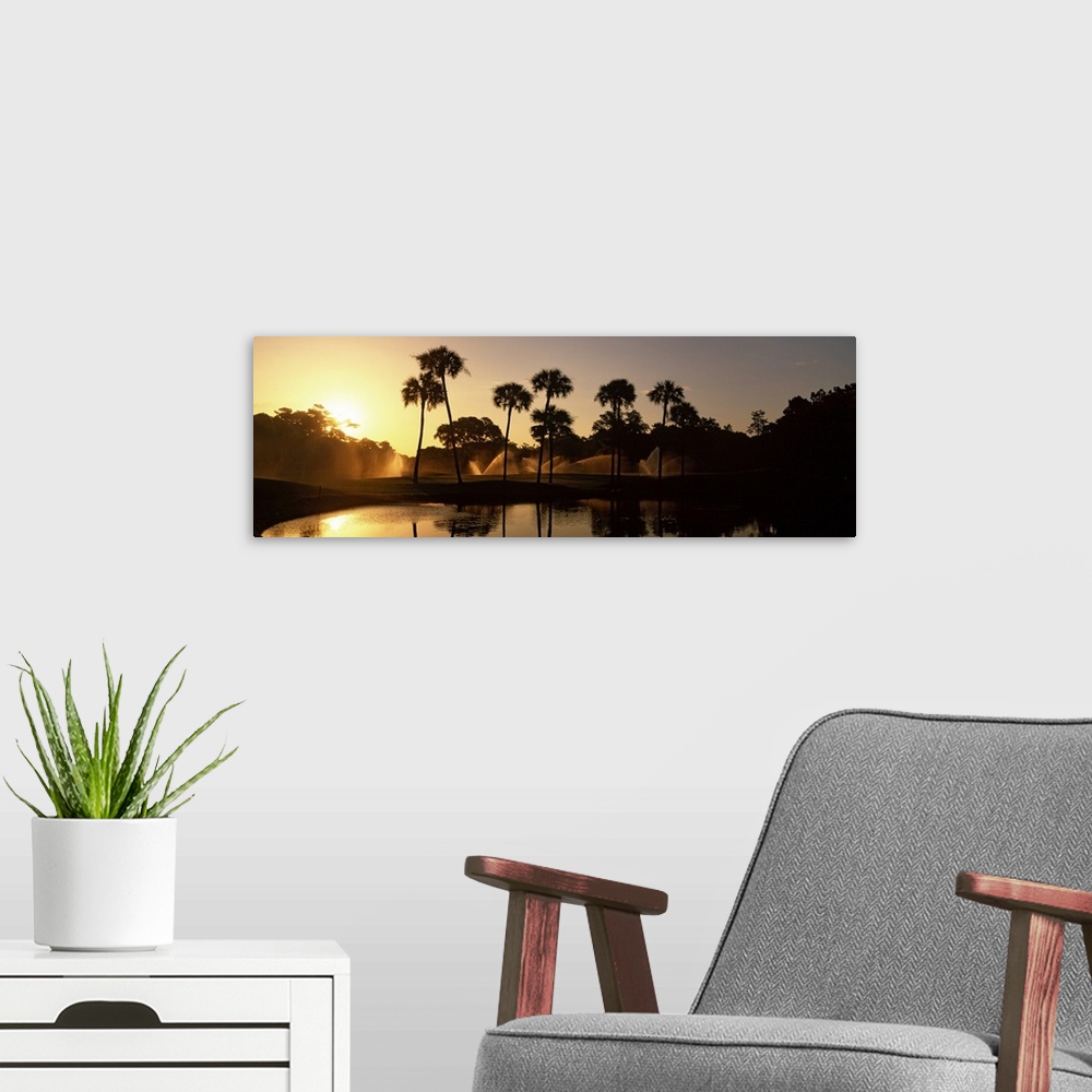 A modern room featuring Panoramic wall art of palm trees on a golf course silhouetted against a rising sun with sprinkler...