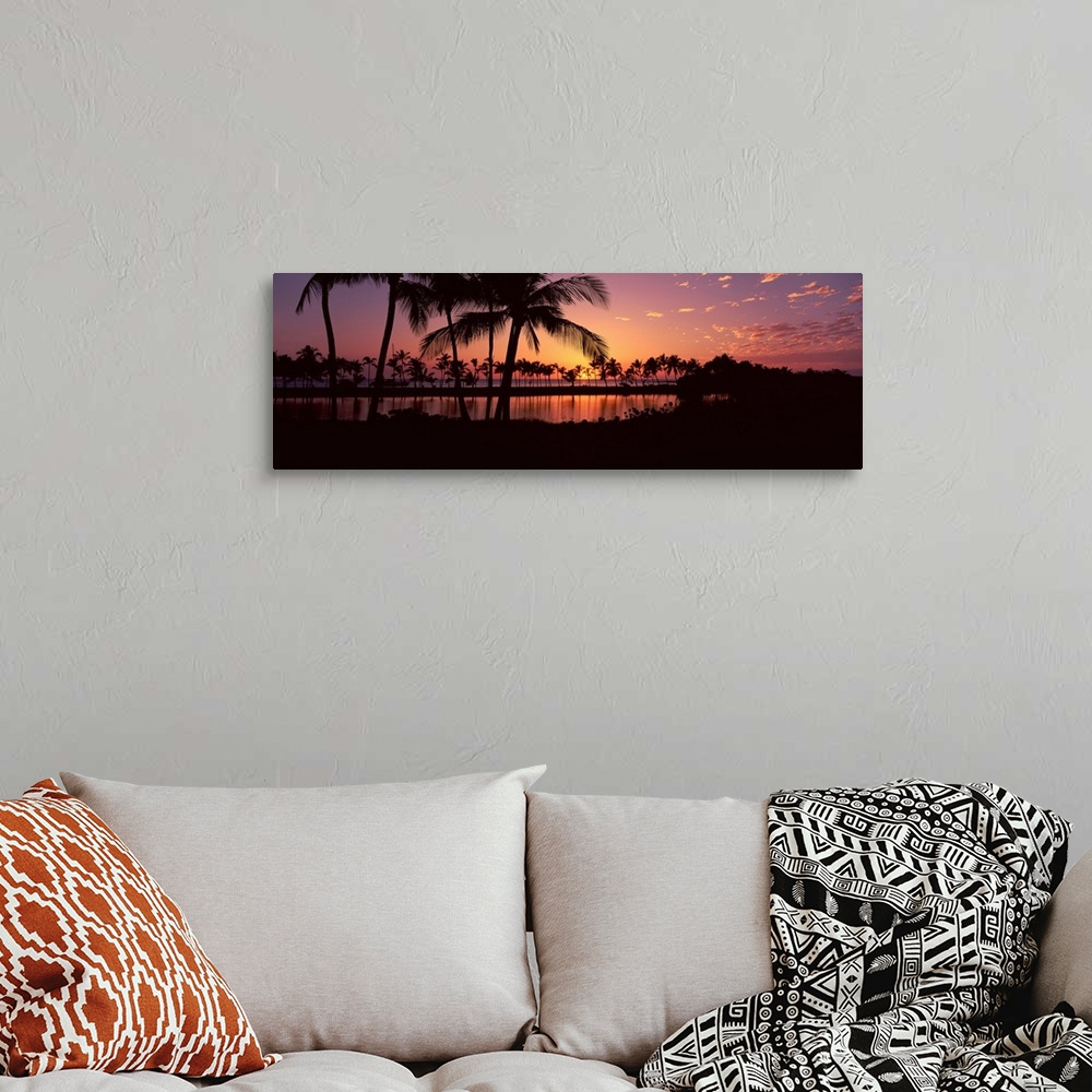 A bohemian room featuring Silhouette of palm trees at sunset, Anaehoomalu Bay, Waikoloa, Hawaii