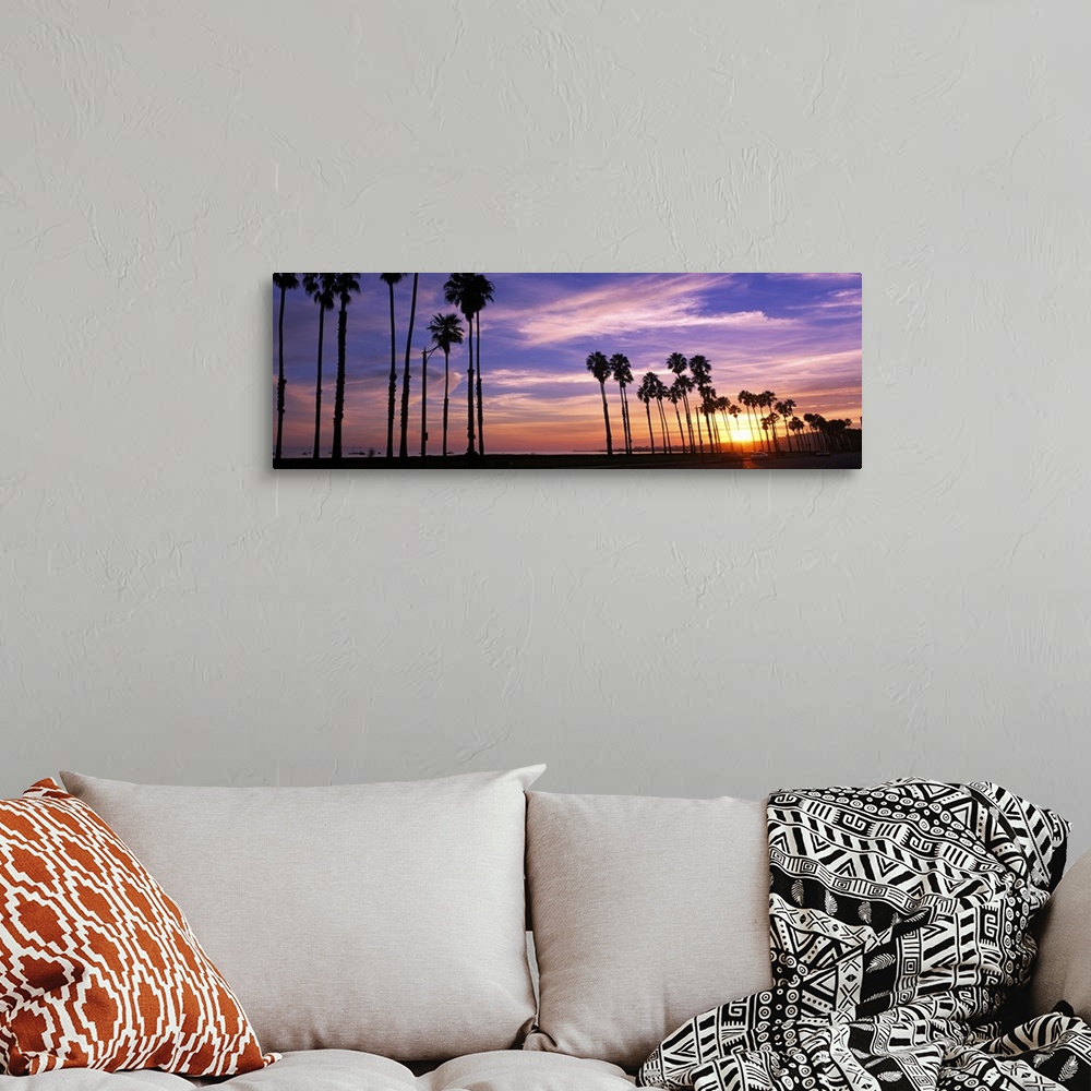 A bohemian room featuring Horizontal, large photograph of a line of palm trees silhouetted against the sunset, beneath a pa...