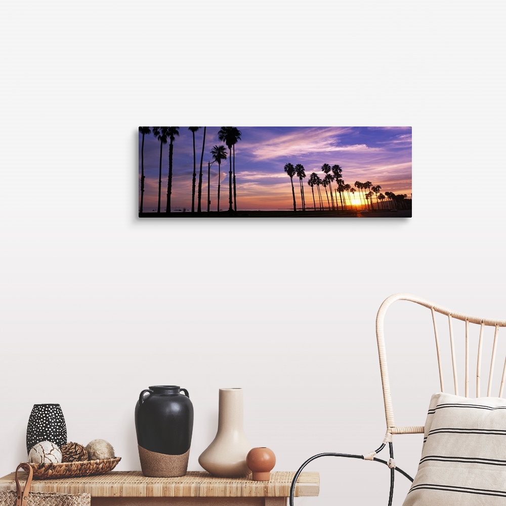 A farmhouse room featuring Horizontal, large photograph of a line of palm trees silhouetted against the sunset, beneath a pa...