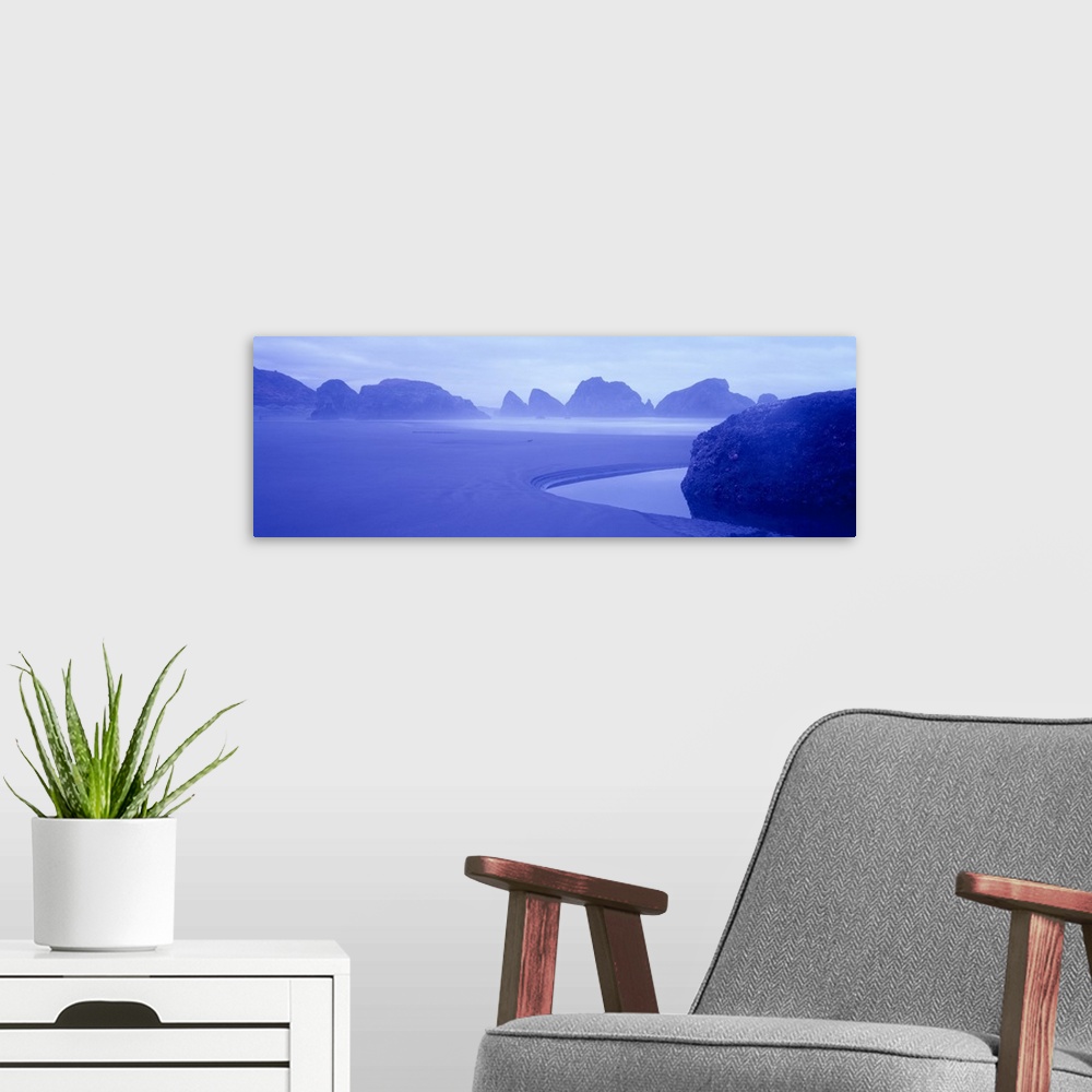 A modern room featuring Silhouette of rock formations in the sea, Myers Creek Beach, Oregon