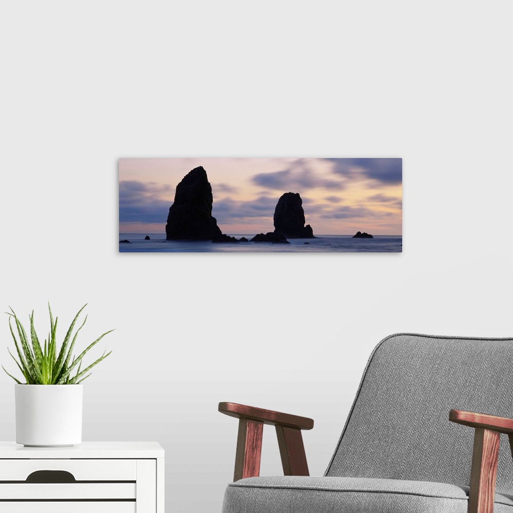 A modern room featuring Silhouette of rocks at sunset, Cannon Beach, Oregon