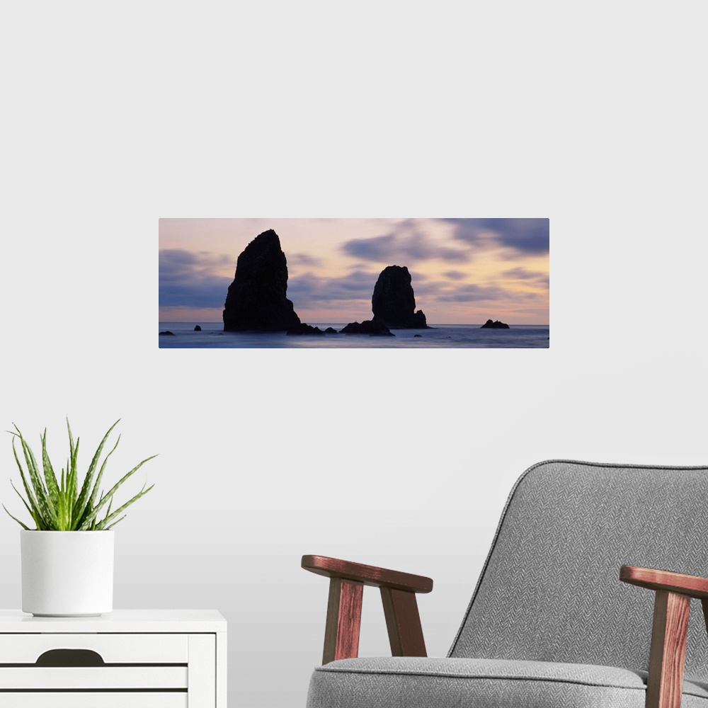 A modern room featuring Silhouette of rocks at sunset, Cannon Beach, Oregon