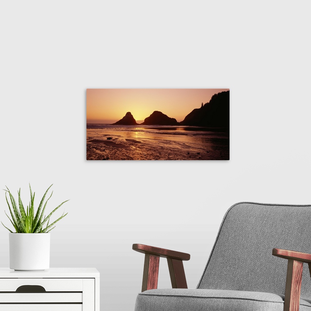 A modern room featuring Silhouette of rocks at sunset, Heceta Head Lighthouse, Devils Elbow State Park, Oregon