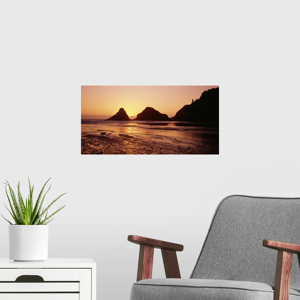 A modern room featuring Silhouette of rocks at sunset, Heceta Head Lighthouse, Devils Elbow State Park, Oregon