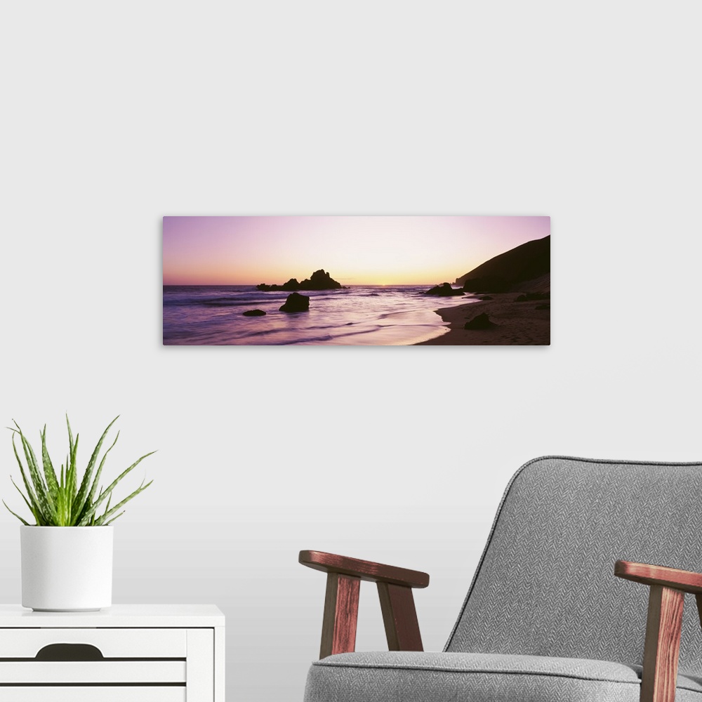 A modern room featuring Silhouette of rocks at sunset, Pfeiffer Beach, Big Sur, California