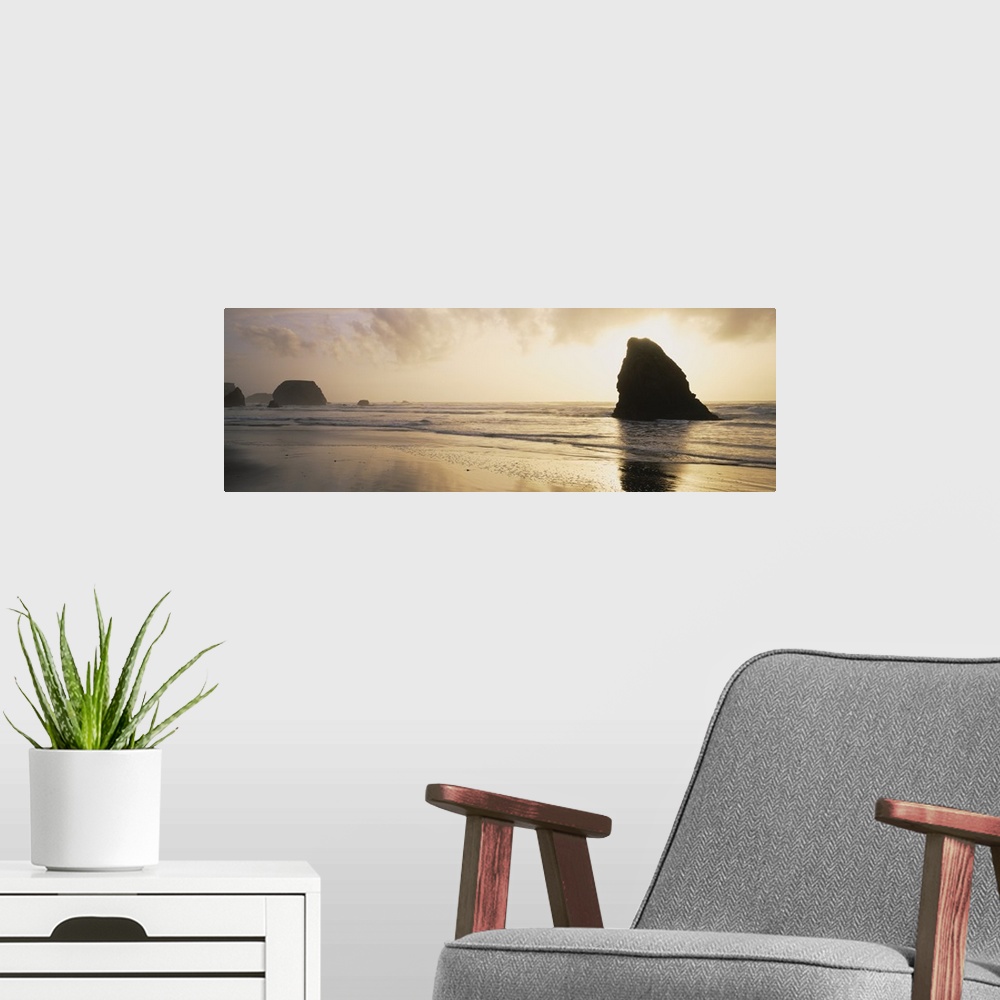 A modern room featuring Silhouette of rocks on the beach, Fort Bragg, Mendocino, California
