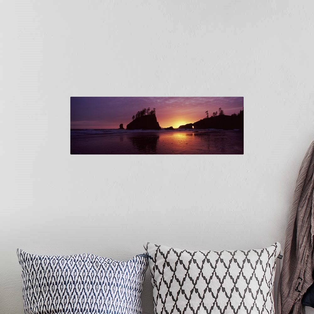 A bohemian room featuring Silhouette of seastacks at sunset, Second Beach, Washington State,