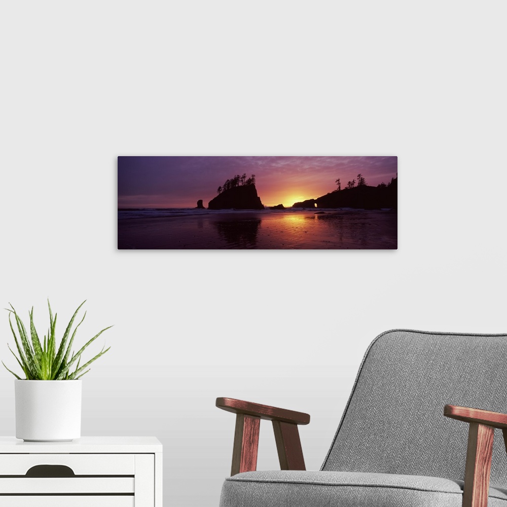 A modern room featuring Silhouette of seastacks at sunset, Second Beach, Washington State,