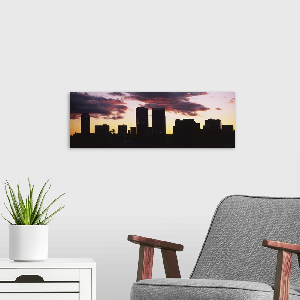 A modern room featuring Silhouette of skyscrapers in a city, Century City, City Of Los Angeles, Los Angeles County, Calif...