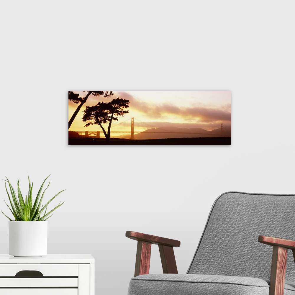 A modern room featuring Silhouette of trees at sunset, Golden Gate Bridge, San Francisco, California