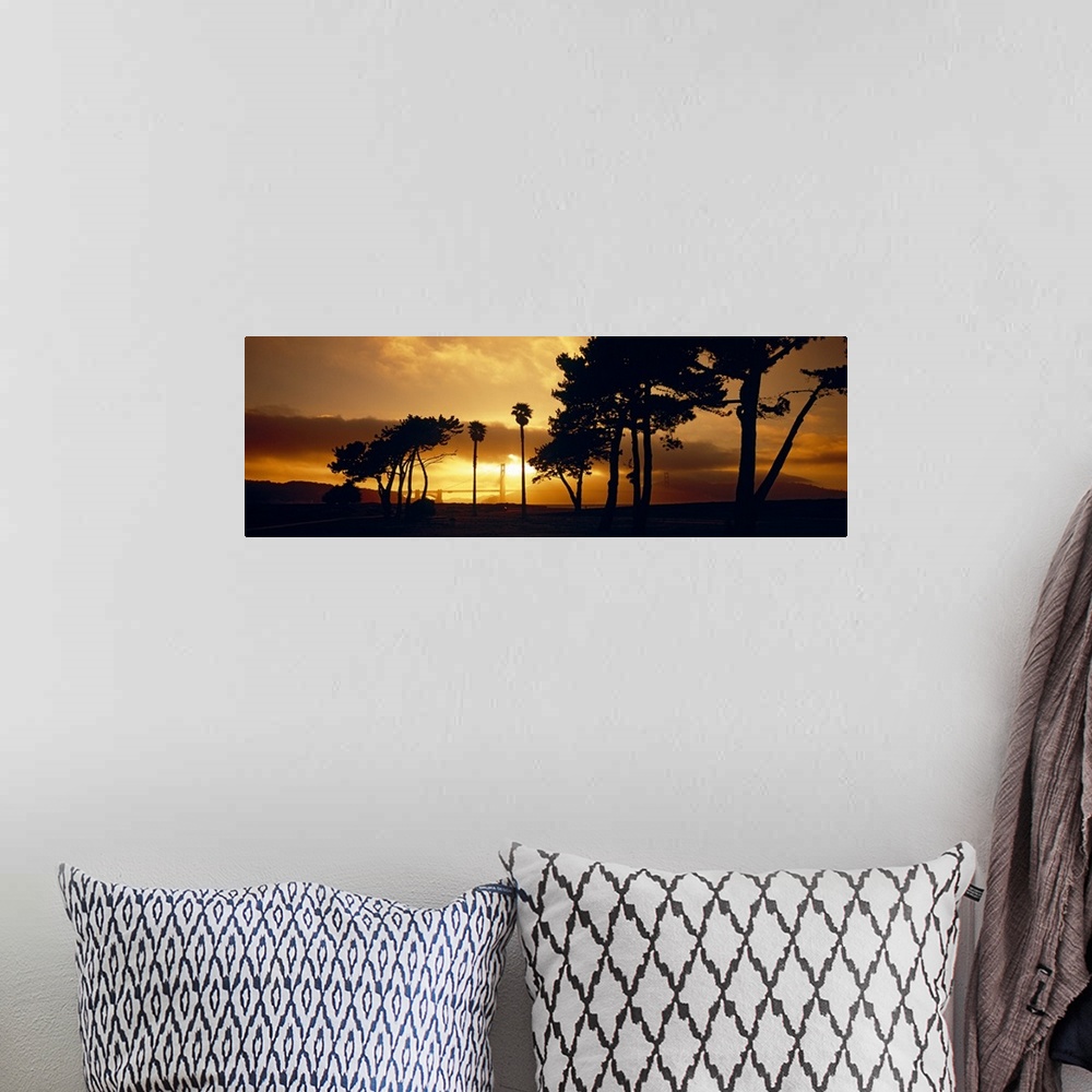 A bohemian room featuring Silhouette of trees at sunset, Golden Gate Bridge, San Francisco, California