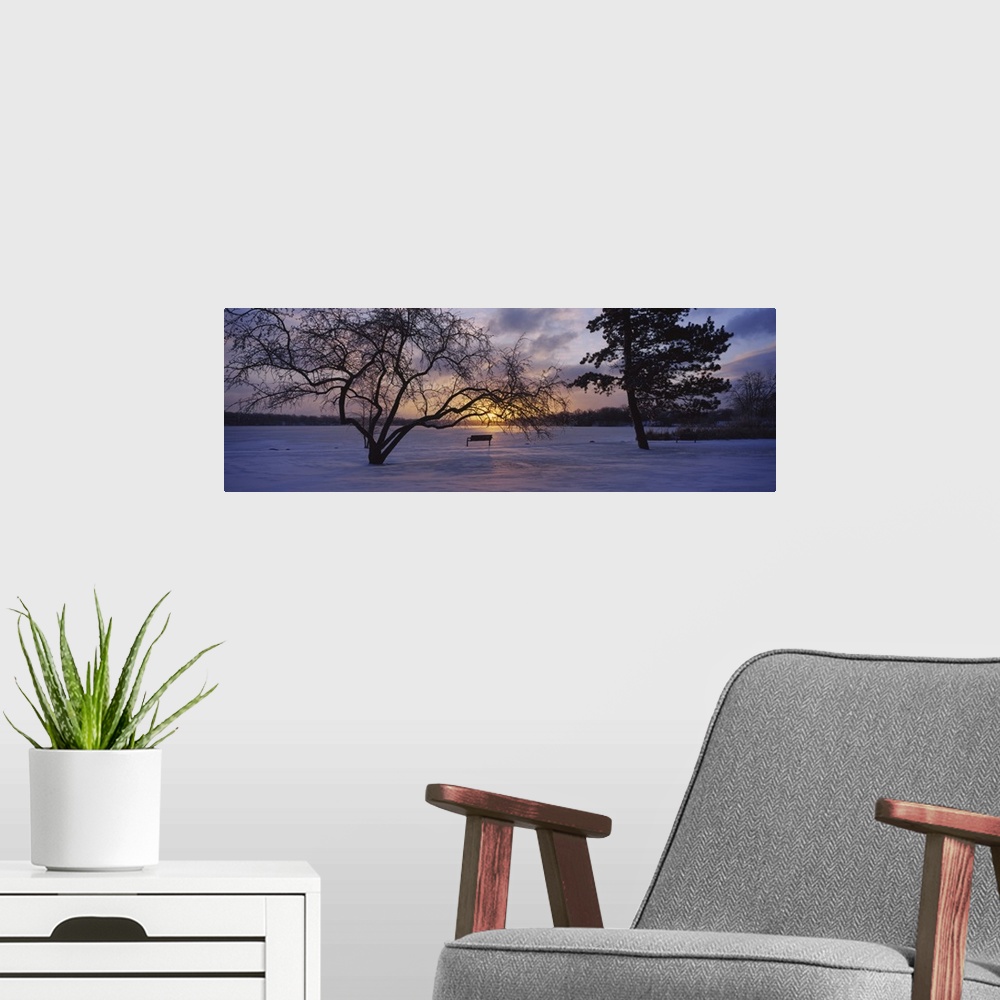 A modern room featuring Silhouette of trees near a frozen lake, Reeds Lake, Grand Rapids, Michigan