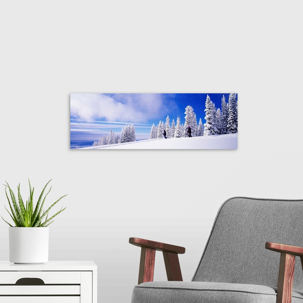 A modern room featuring Panoramic photograph focuses on two people skiing on a mountain recently blanketed with fresh sno...