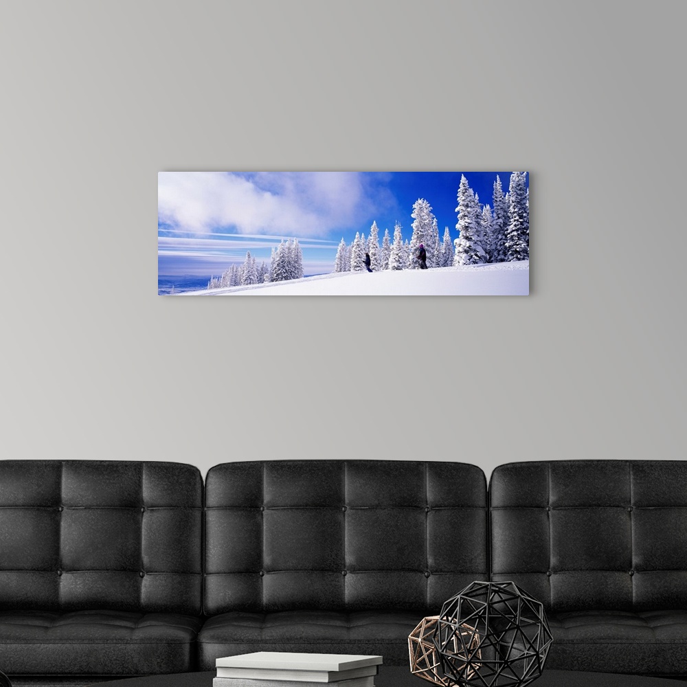 A modern room featuring Panoramic photograph focuses on two people skiing on a mountain recently blanketed with fresh sno...