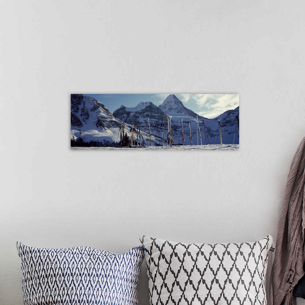 A bohemian room featuring Panoramic photo canvas of snowy mountains in the distance and ski equipment sticking out of the s...