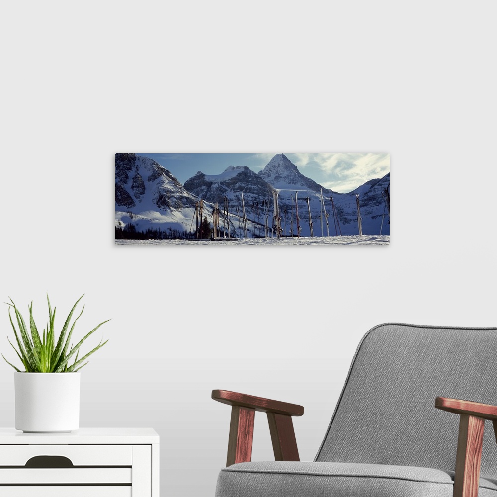 A modern room featuring Panoramic photo canvas of snowy mountains in the distance and ski equipment sticking out of the s...
