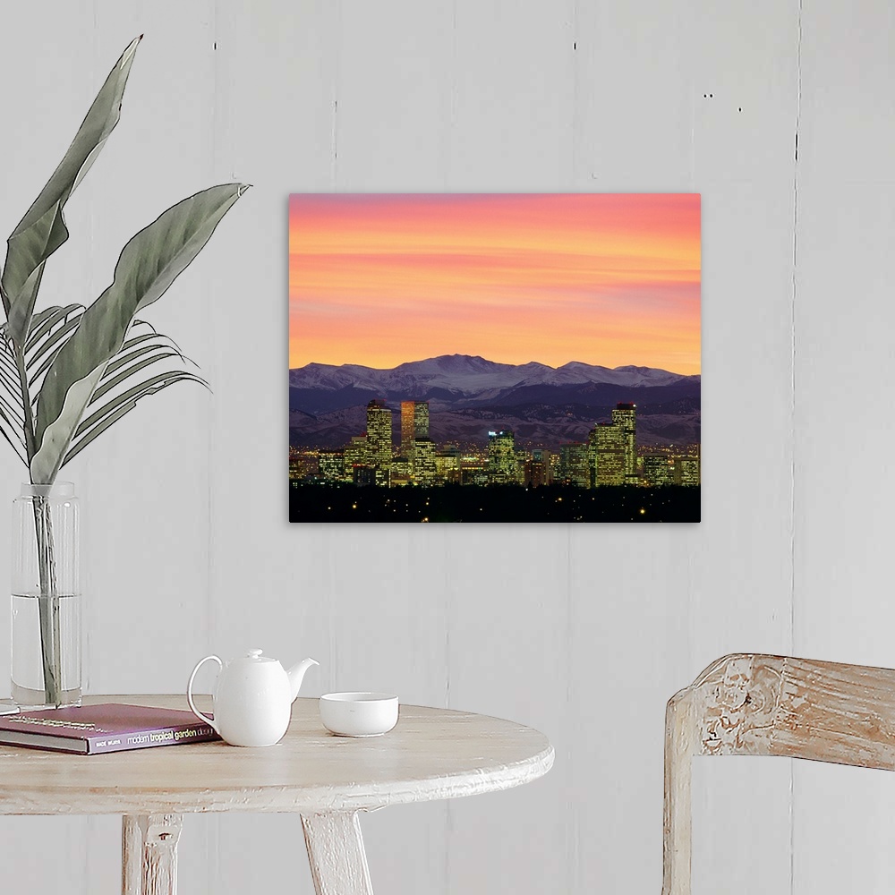 A farmhouse room featuring Large photograph taken of the Denver, Colorado skyline at dusk.  The snow covered mountains in th...