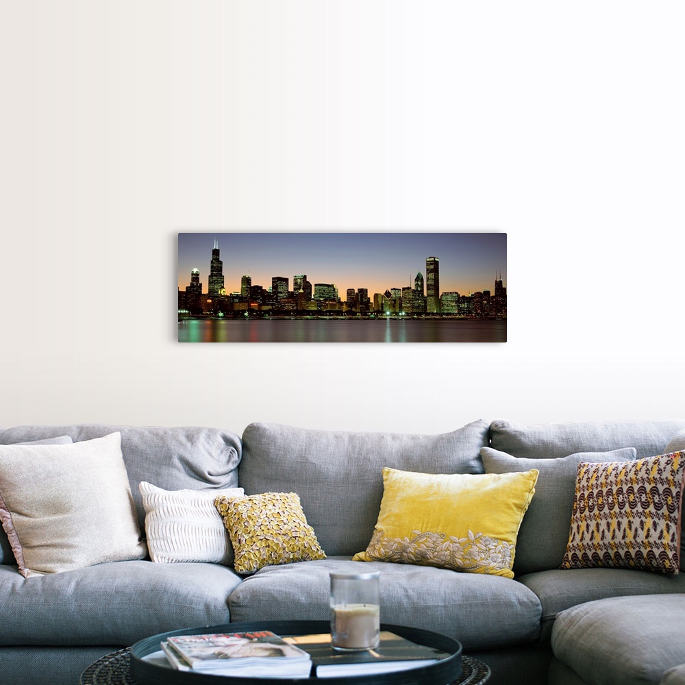 A farmhouse room featuring Panoramic photograph of the Chicago skyline across Lake Michigan at nightfall with the Sears Towe...
