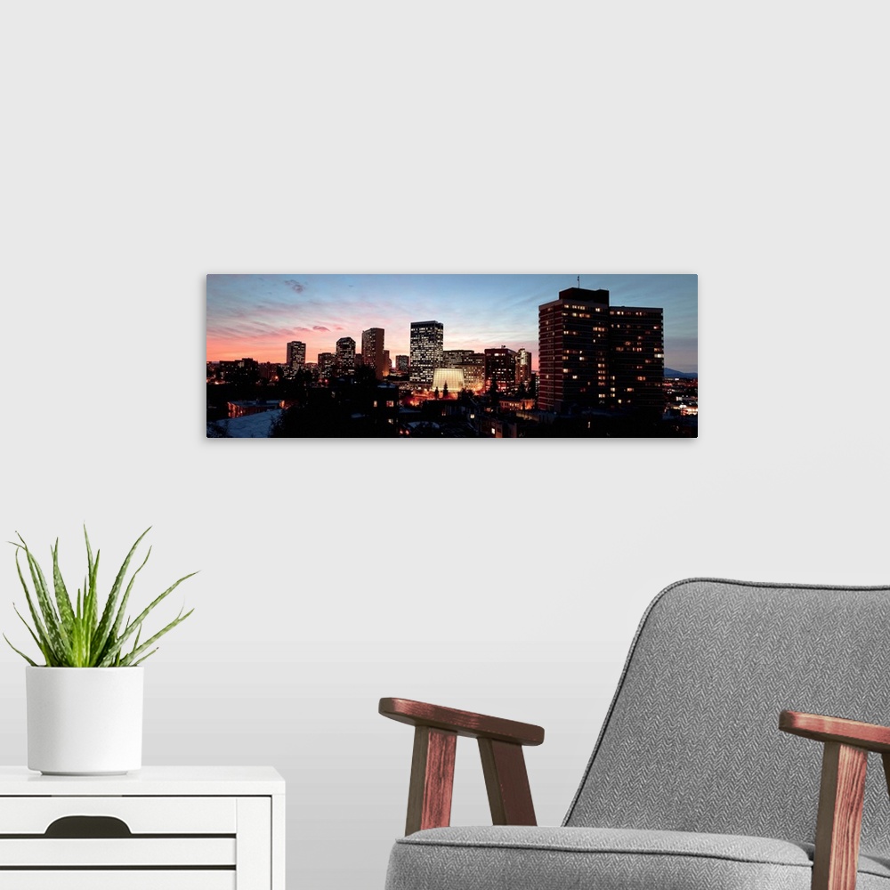 A modern room featuring Skyline at dusk, Oakland, California, USA
