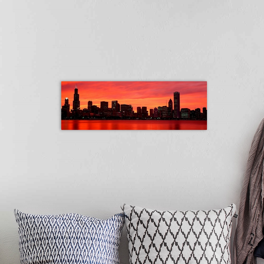 A bohemian room featuring Giant landscape wall picture of the Chicago skyline at dusk, reflecting in the waters of Lake Mic...
