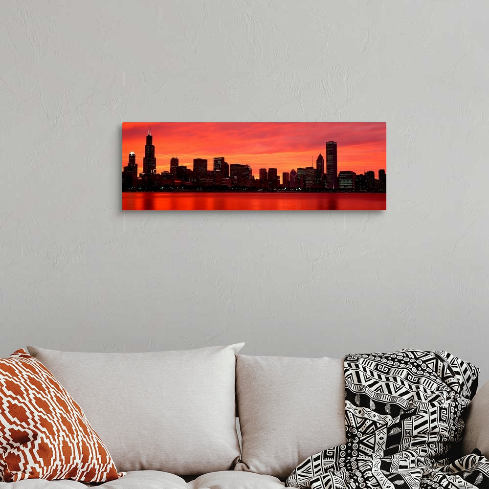 A bohemian room featuring Giant landscape wall picture of the Chicago skyline at dusk, reflecting in the waters of Lake Mic...