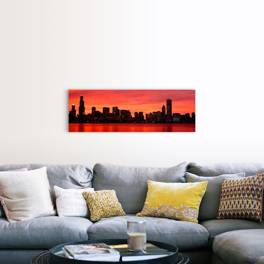 A farmhouse room featuring Giant landscape wall picture of the Chicago skyline at dusk, reflecting in the waters of Lake Mic...