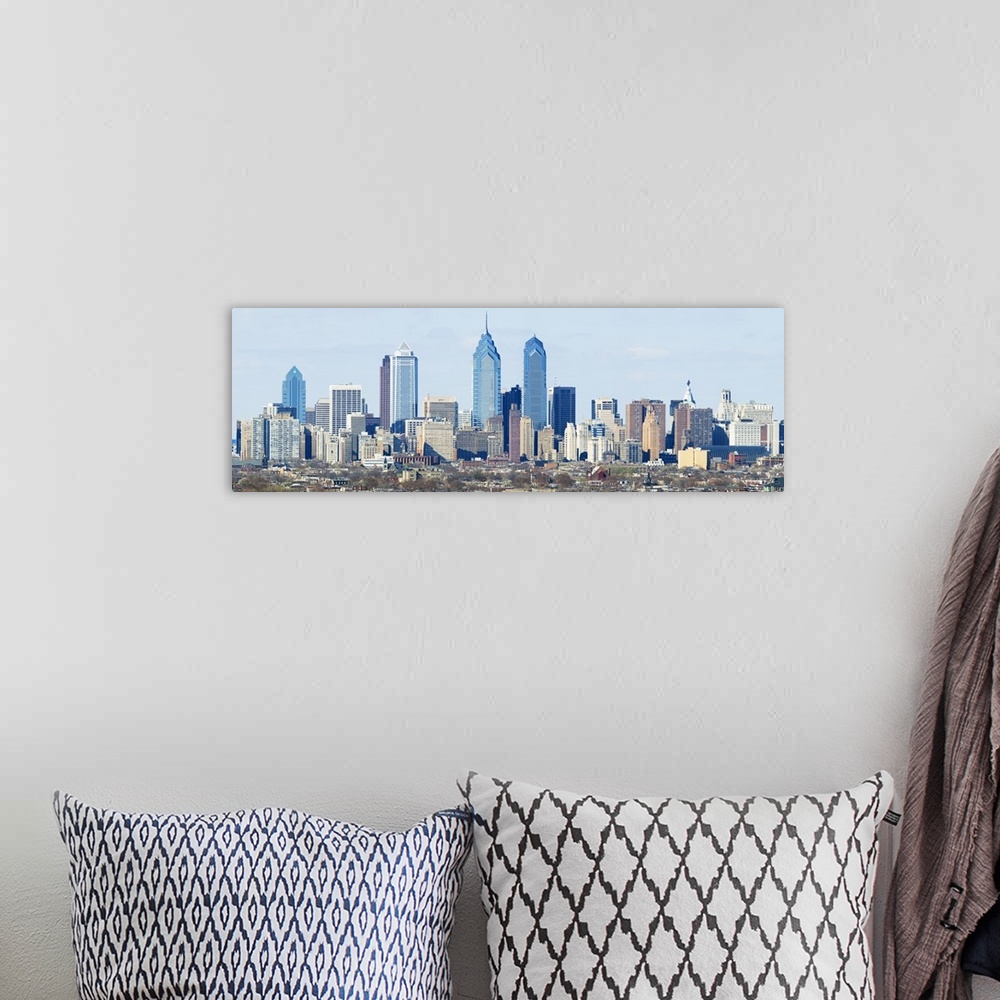 A bohemian room featuring Panoramic photo of the cityscape of Philadelphia at daytime.