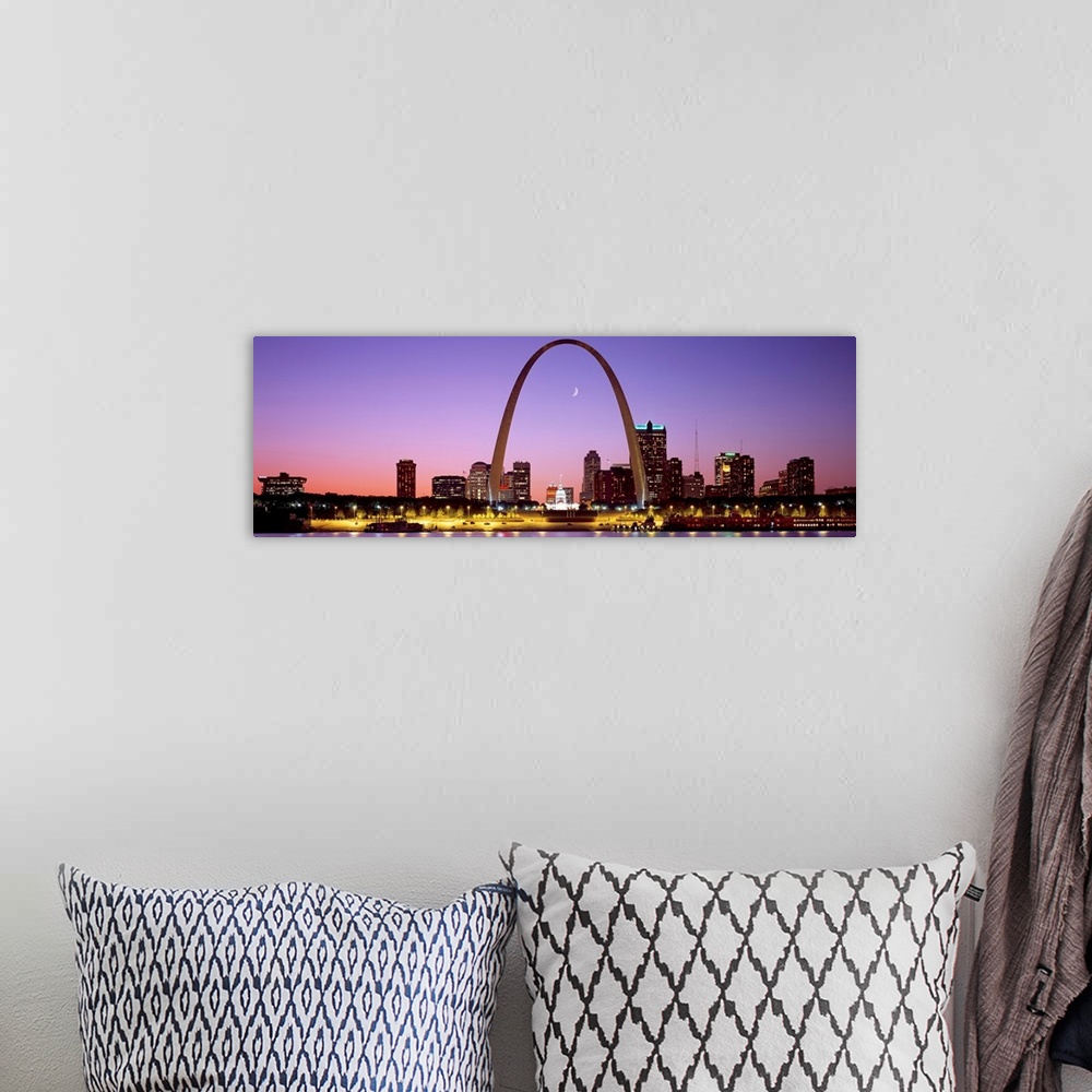 A bohemian room featuring Panoramic photograph shows the skyline of St. Louis, Missouri reflecting into the Mississippi Riv...