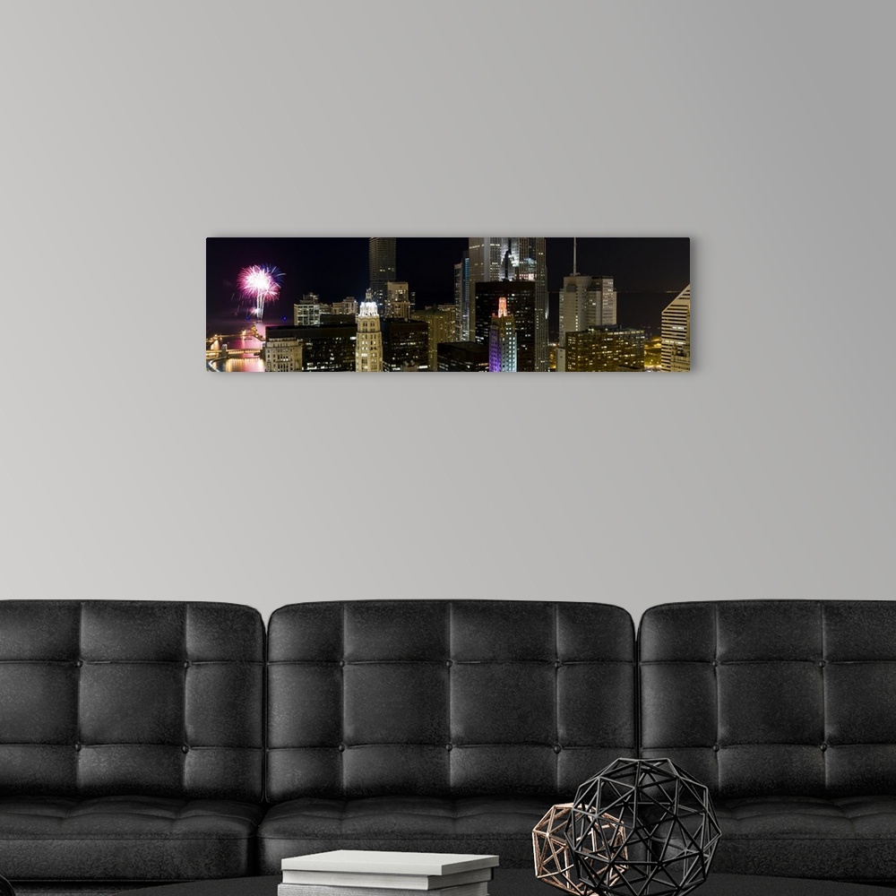 A modern room featuring Skyscrapers and firework display in a city at night, Lake Michigan, Chicago, Illinois,