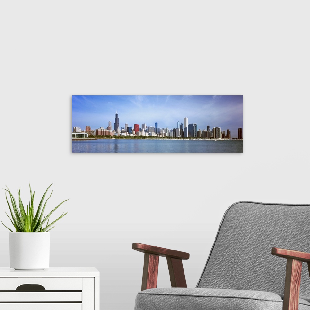 A modern room featuring Skyscrapers at the waterfront, Chicago, Cook County, Illinois, USA 2011
