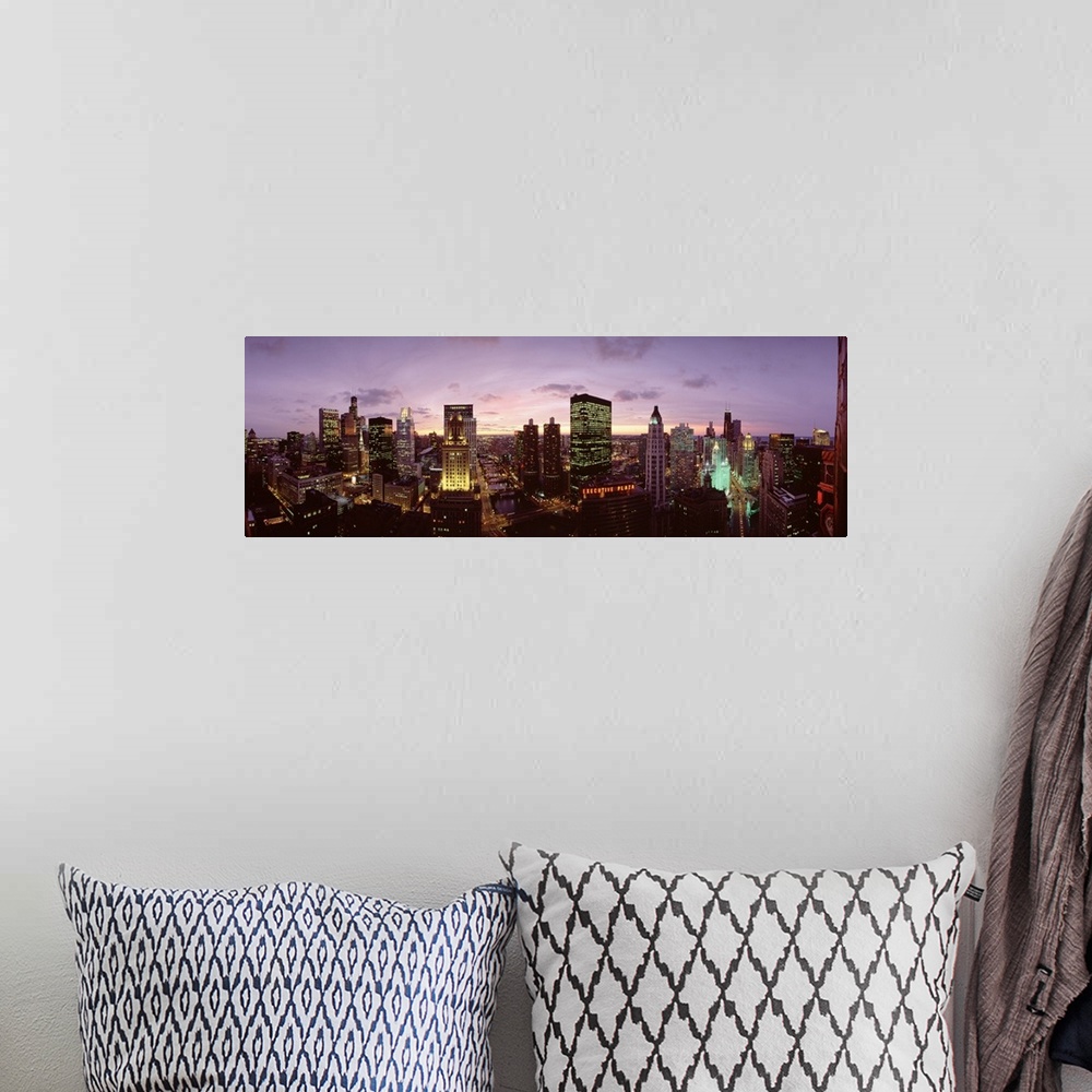 A bohemian room featuring Skyscrapers in a city at dusk, Chicago, Illinois