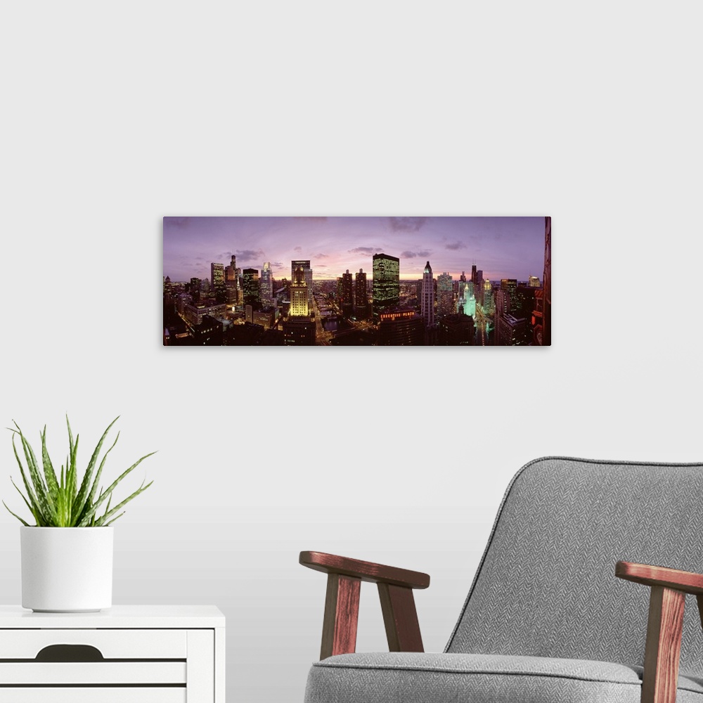 A modern room featuring Skyscrapers in a city at dusk, Chicago, Illinois
