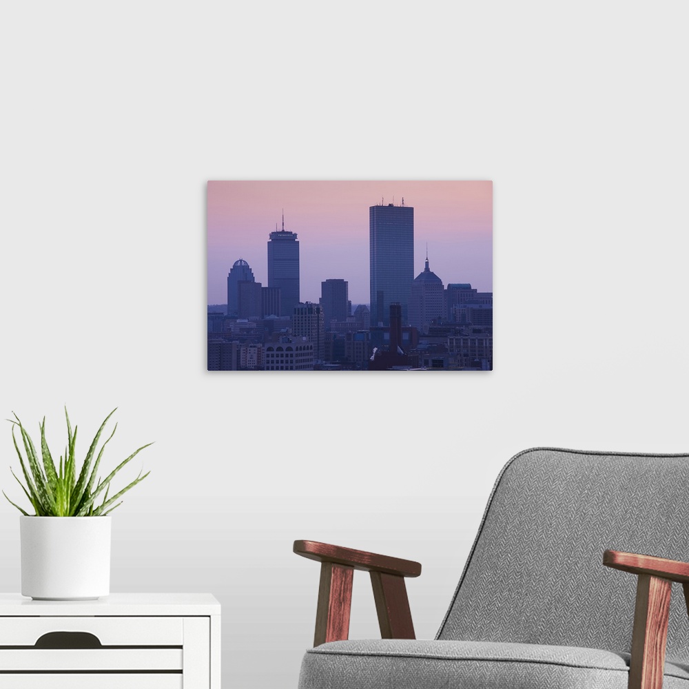 A modern room featuring USA, Massachusetts, Boston, Back Bay, elevated view, dusk