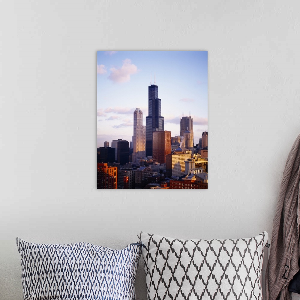 A bohemian room featuring This oversized piece is a photograph of buildings in Chicago with the Sears Tower in the middle d...