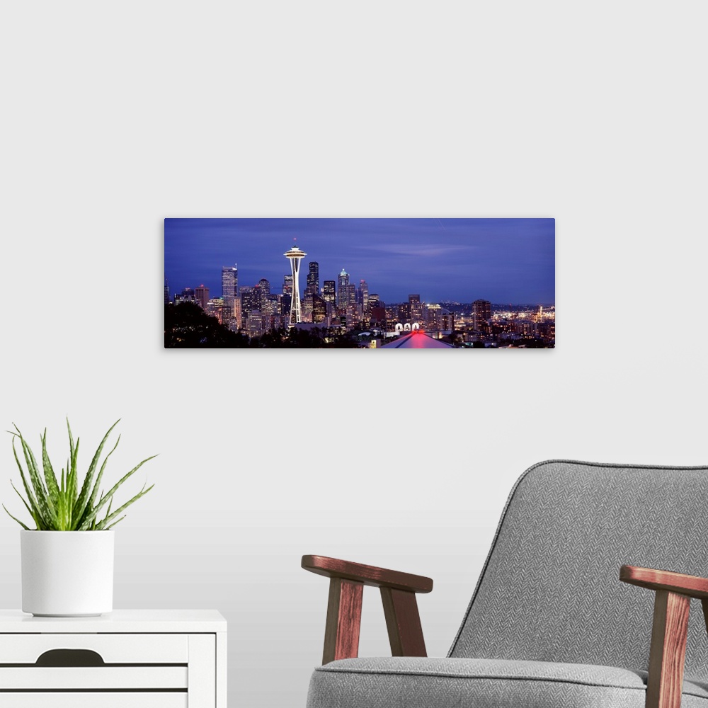 A modern room featuring Large panoramic photograph of downtown Seattle, Washington (WA). The Space Needle and many skyscr...