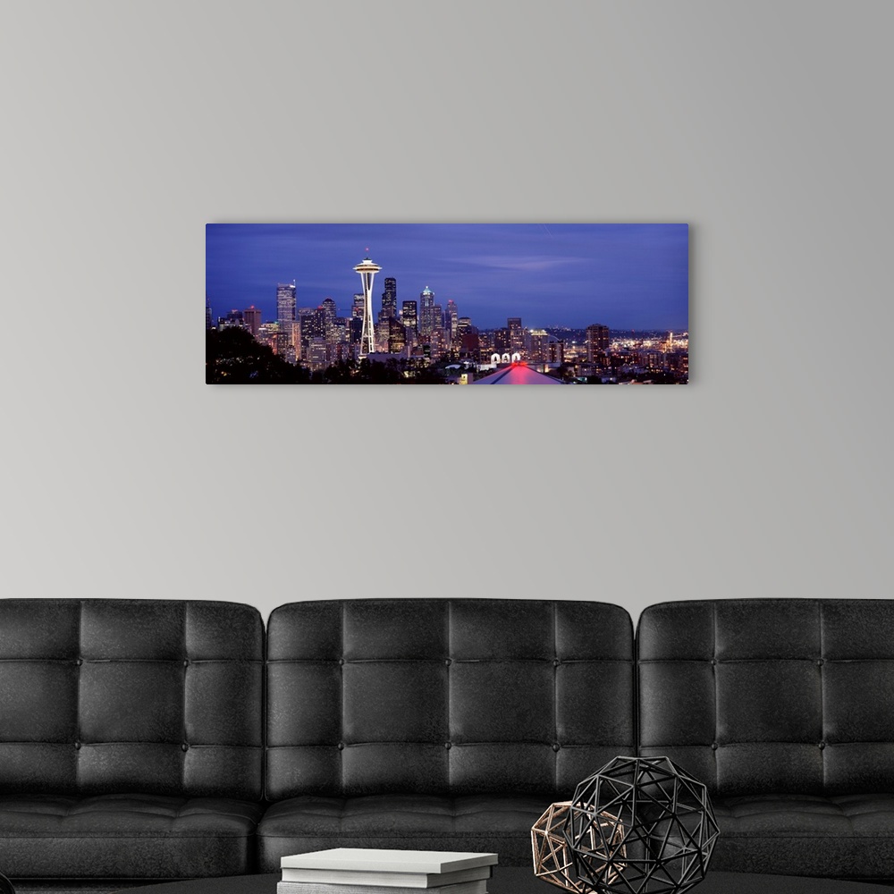A modern room featuring Large panoramic photograph of downtown Seattle, Washington (WA). The Space Needle and many skyscr...