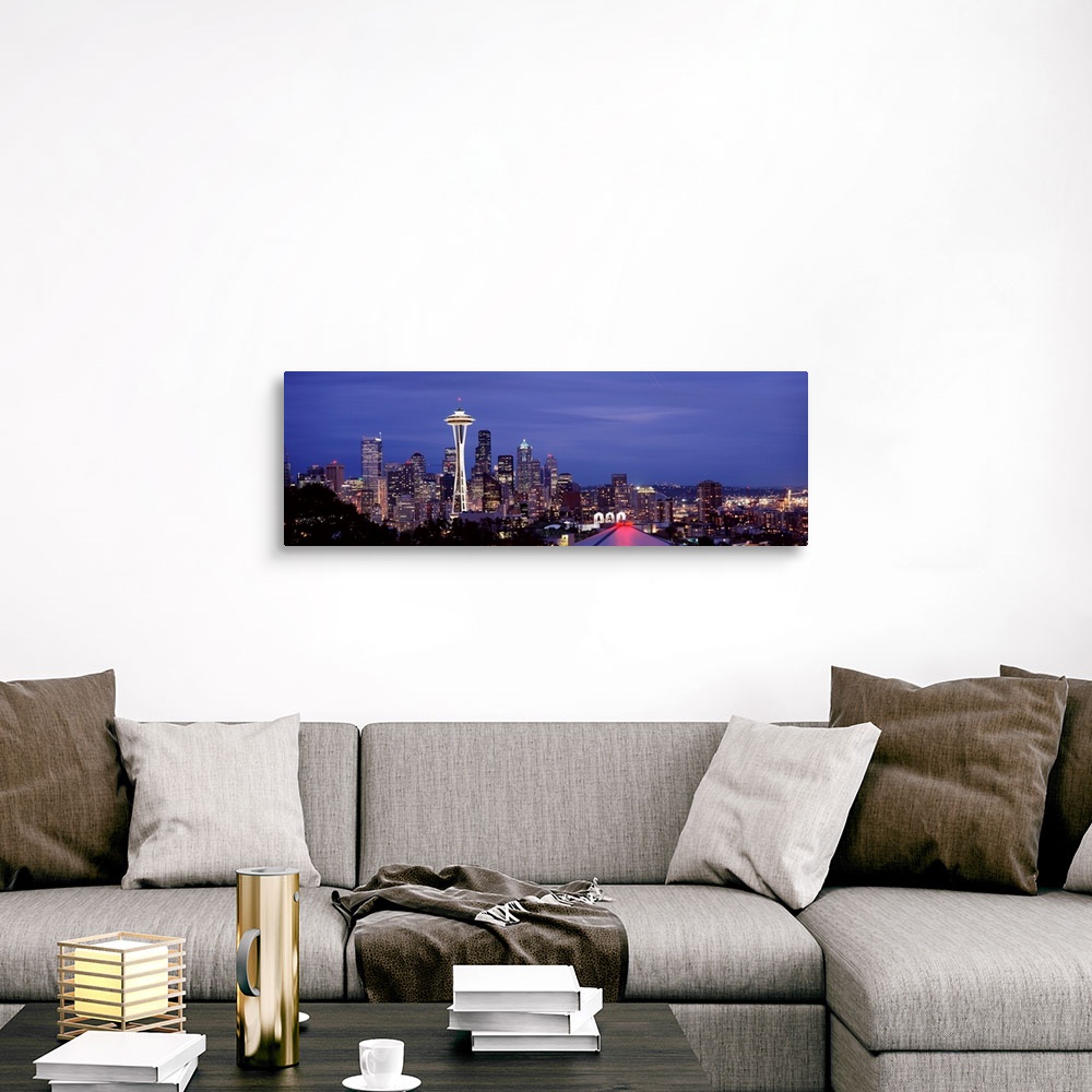 A traditional room featuring Large panoramic photograph of downtown Seattle, Washington (WA). The Space Needle and many skyscr...