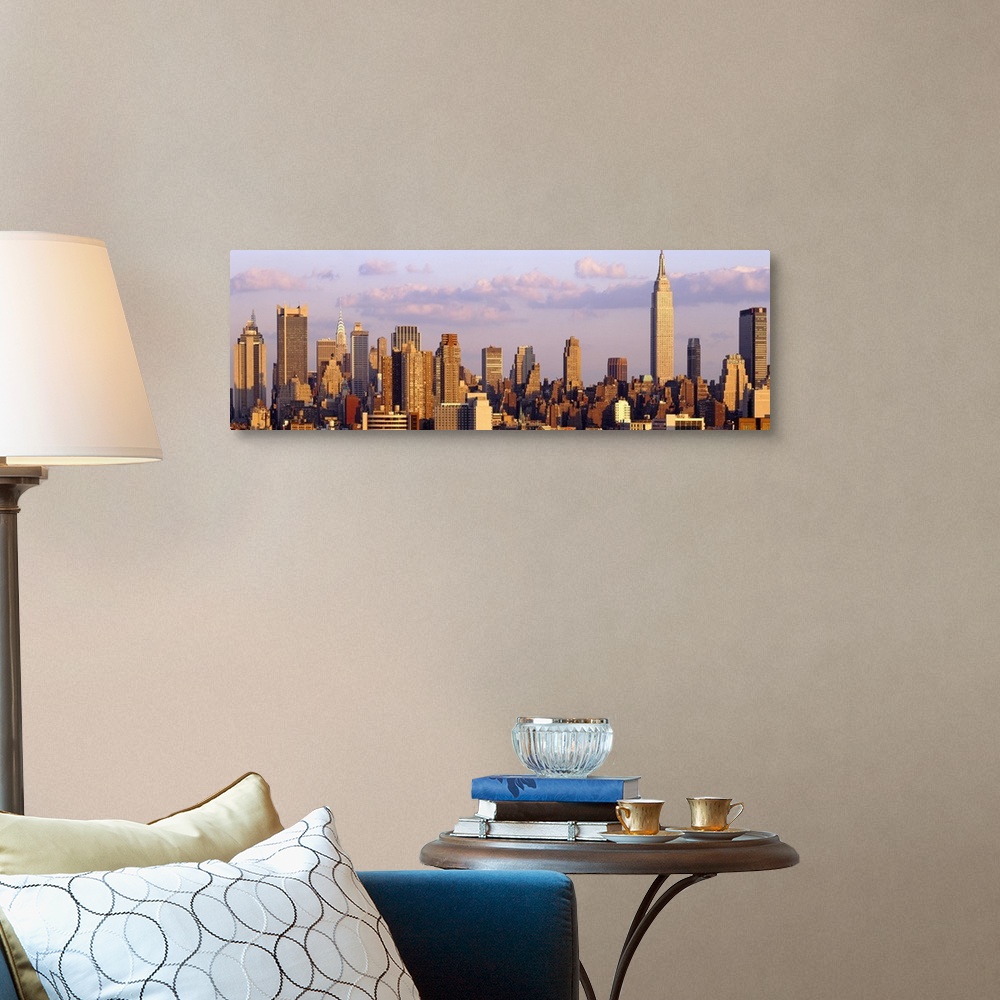 A traditional room featuring Panoramic photograph of the "Big Apple" skyline under cloudy skies.