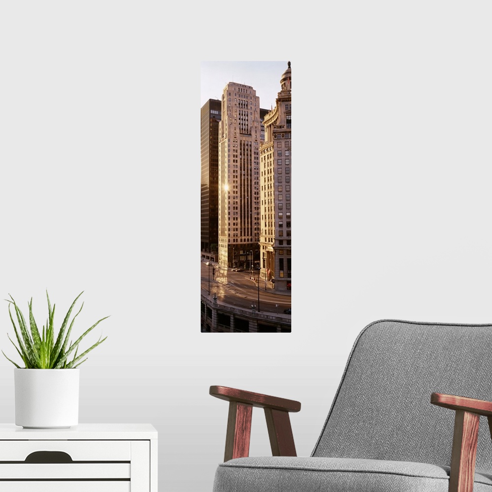 A modern room featuring Skyscrapers in a city, Michigan Avenue, Wacker Drive, Chicago, Illinois