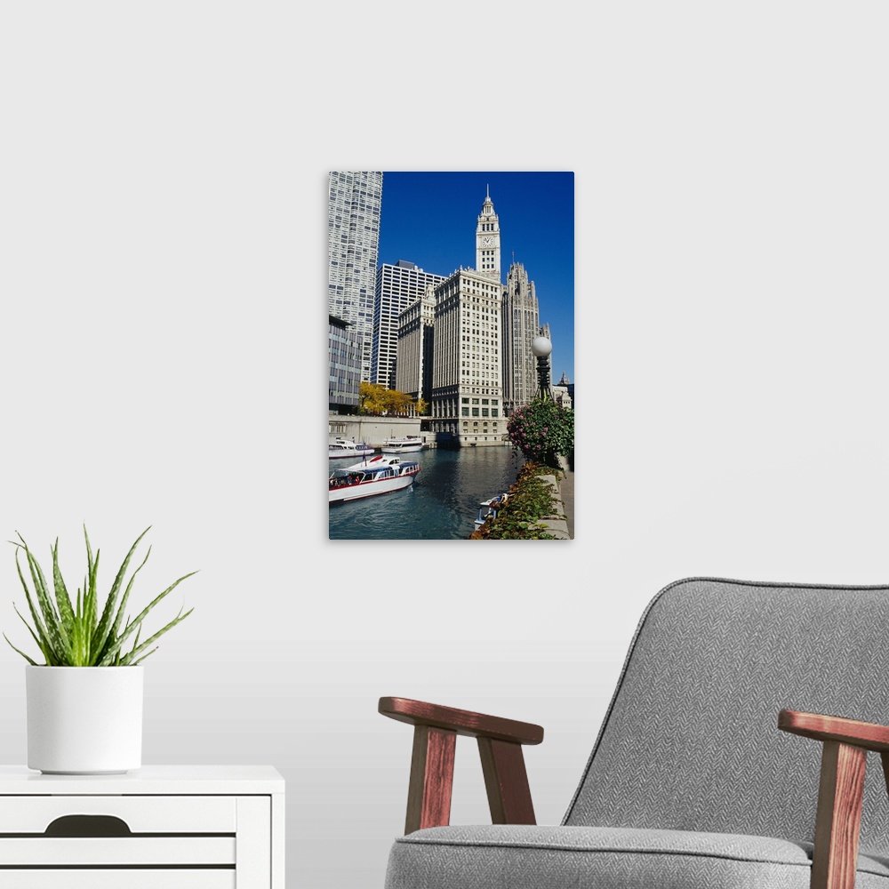 A modern room featuring Skyscrapers in a city, Tribune Tower, Wrigley Building, Chicago, Illinois