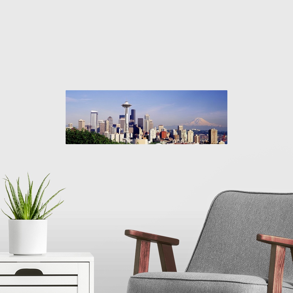 A modern room featuring This panoramic wall art is a photograph that has captured the vast city skyline.