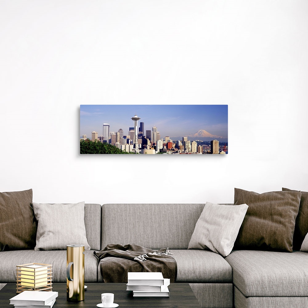 A traditional room featuring This panoramic wall art is a photograph that has captured the vast city skyline.