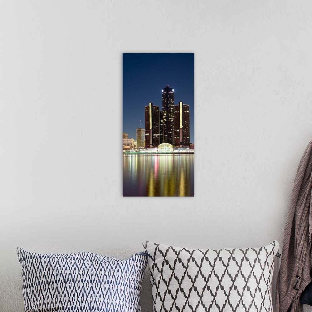 A bohemian room featuring Skyscrapers lit up at dusk, Renaissance Center, Detroit River, Detroit, Michigan,
