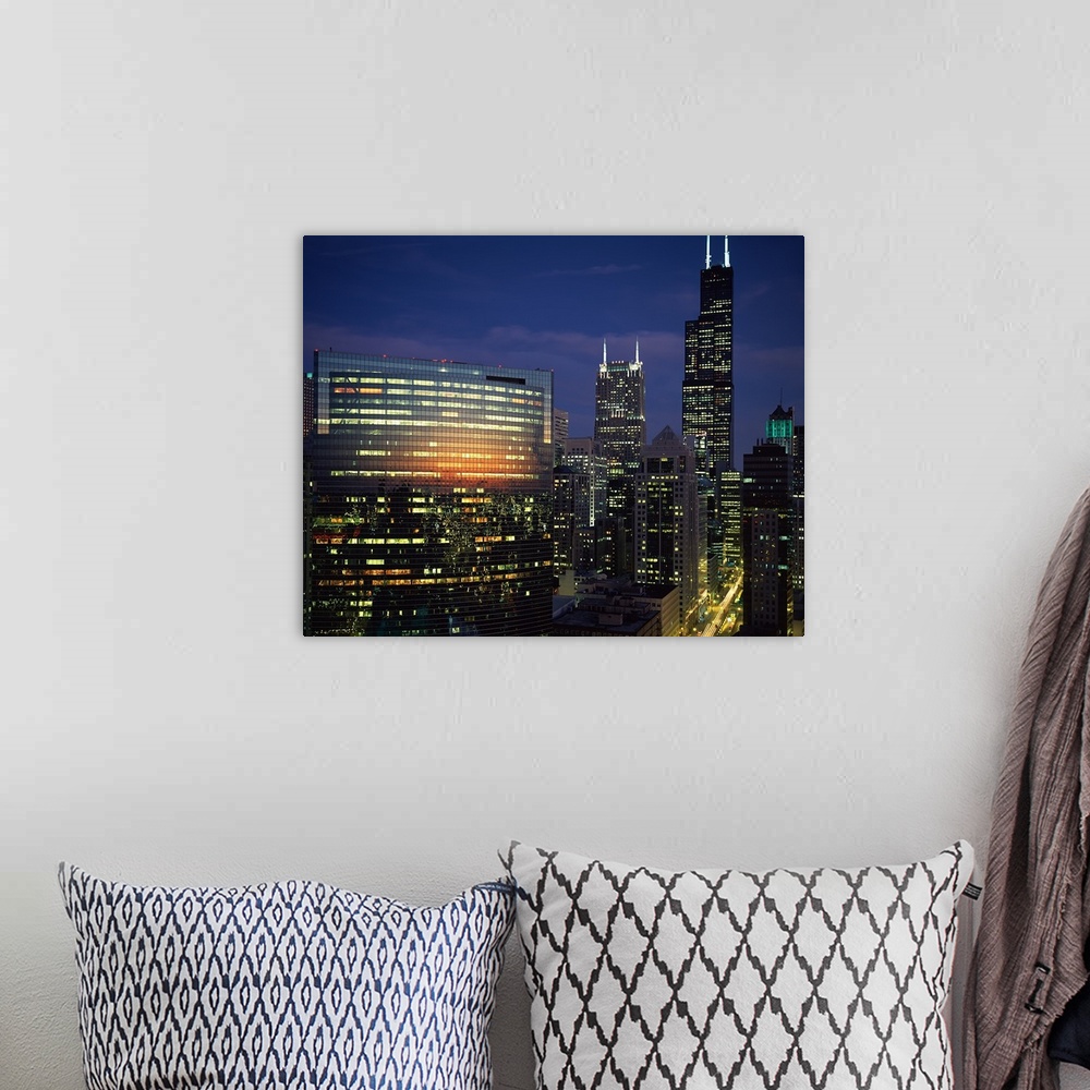 A bohemian room featuring Skyscrapers lit up at night, Chicago, Cook County, Illinois,