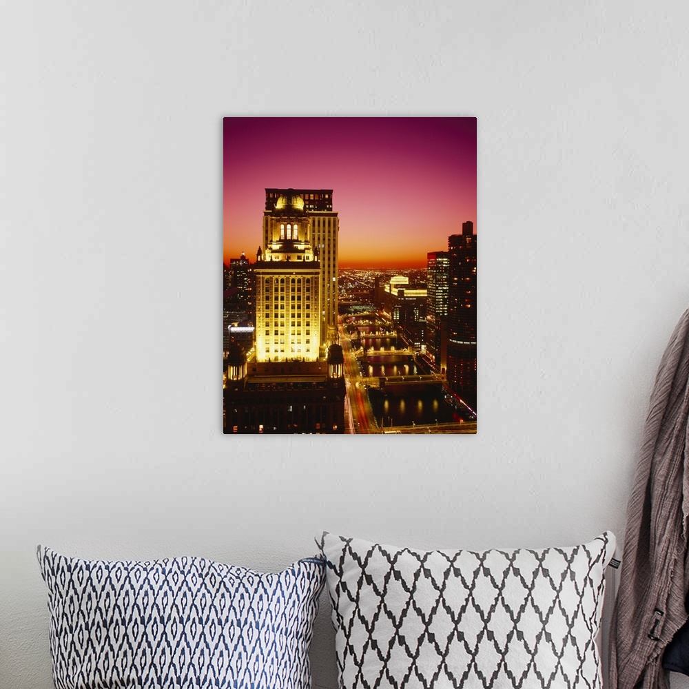 A bohemian room featuring Skyscrapers lit up at night, Chicago, Illinois