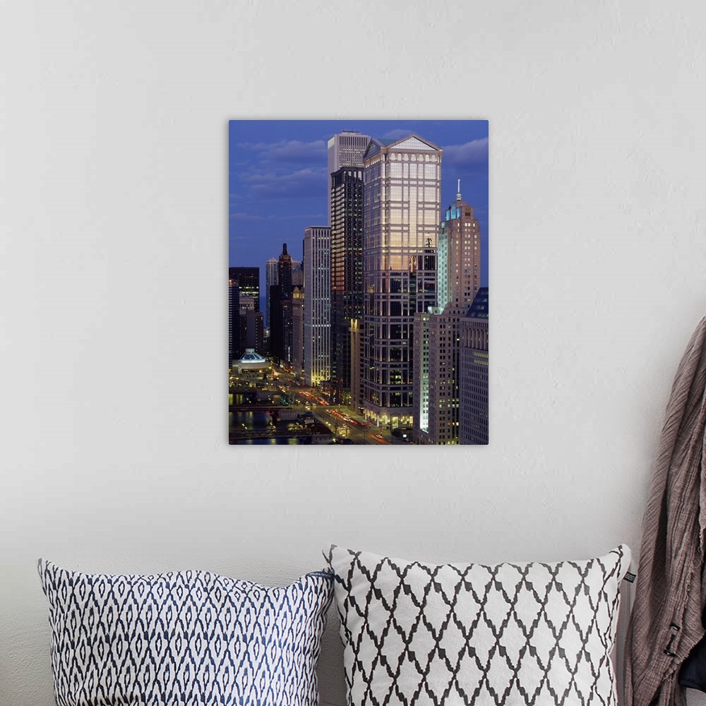 A bohemian room featuring Skyscrapers lit up at night, Chicago River, Chicago, Cook County, Illinois,