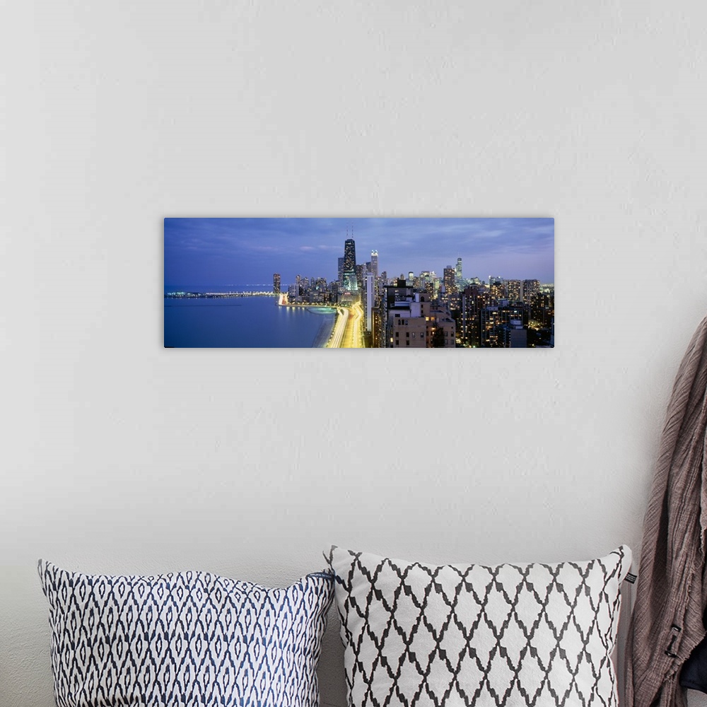 A bohemian room featuring Panoramic photograph of the Chicago skyline from Lake Shore Drive in Chicago, Illinois.