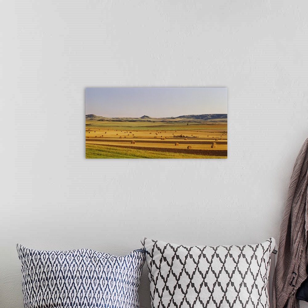 A bohemian room featuring Hay bills are scattered about and photographed in this vast open field.