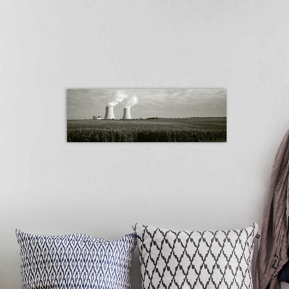 A bohemian room featuring Smoke emitting from two smoke stacks, Byron Nuclear Power Station, Ogle County, Illinois